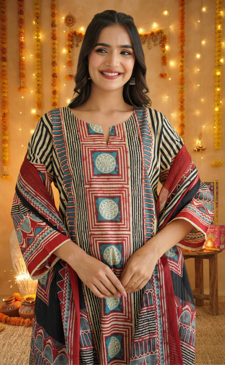 Black Stripes Jaipur Cotton Kurti With Pant And Dupatta Set. Pure Versatile Cotton. | Laces and Frills