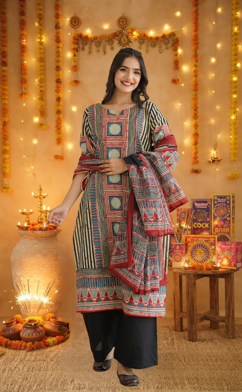 Black Stripes Jaipur Cotton Kurti With Pant And Dupatta Set. Pure Versatile Cotton. | Laces and Frills