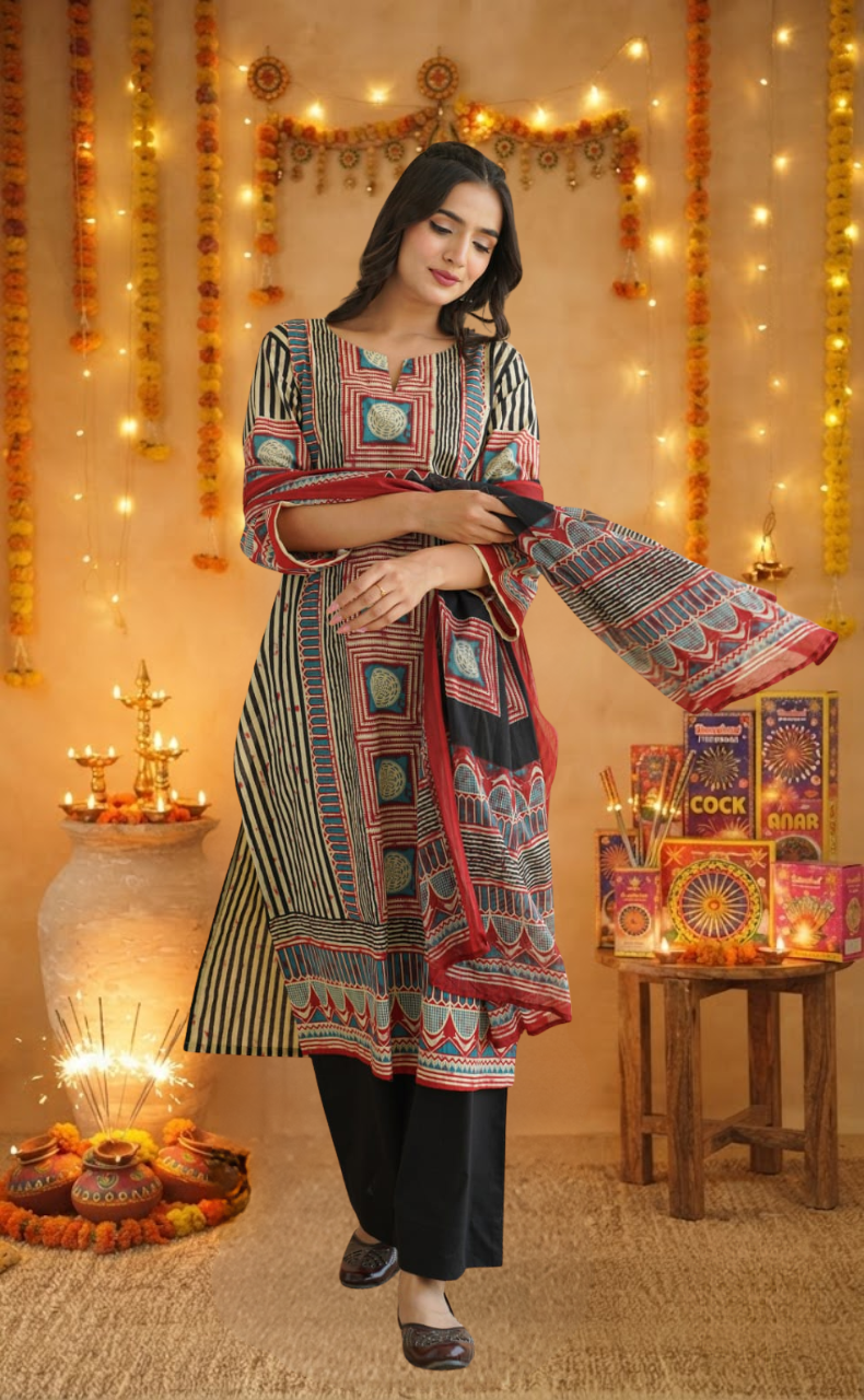 Black Stripes Jaipur Cotton Kurti With Pant And Dupatta Set. Pure Versatile Cotton. | Laces and Frills