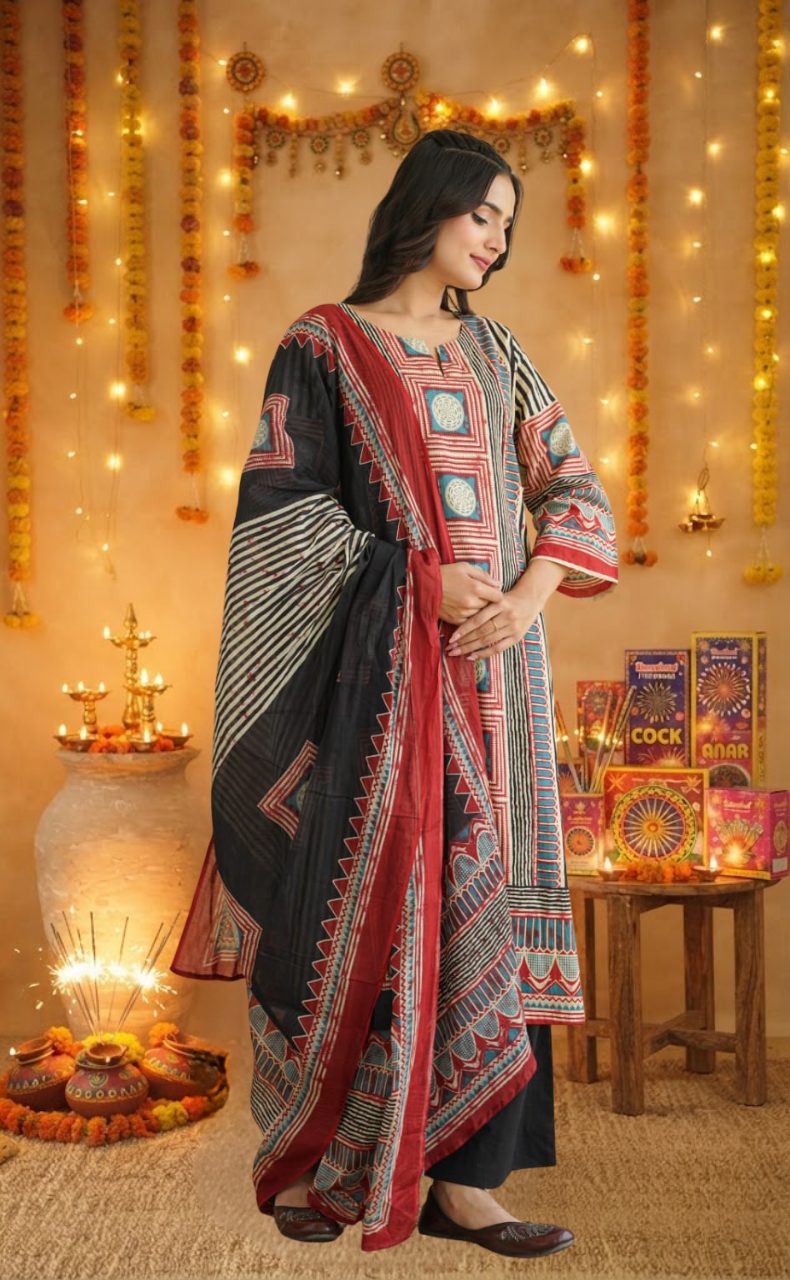 Black Stripes Jaipur Cotton Kurti With Pant And Dupatta Set. Pure Versatile Cotton. | Laces and Frills