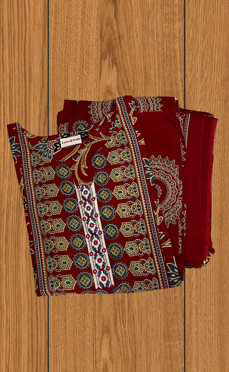 Maroon Garden Jaipur Cotton Kurti With Pant And Dupatta Set. Pure Versatile Cotton. | Laces and Frills