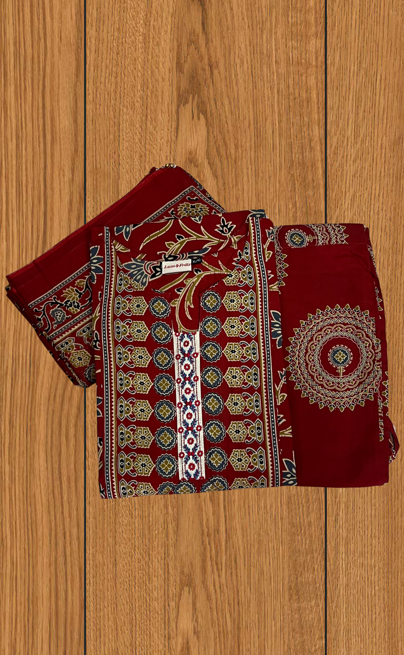 Maroon Garden Jaipur Cotton Kurti With Pant And Dupatta Set. Pure Versatile Cotton. | Laces and Frills