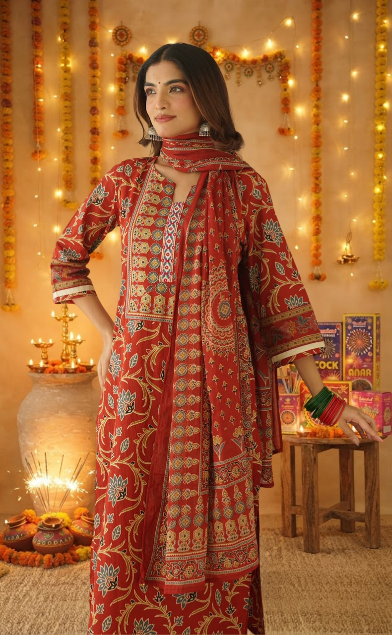 Maroon Garden Jaipur Cotton Kurti With Pant And Dupatta Set. Pure Versatile Cotton. | Laces and Frills