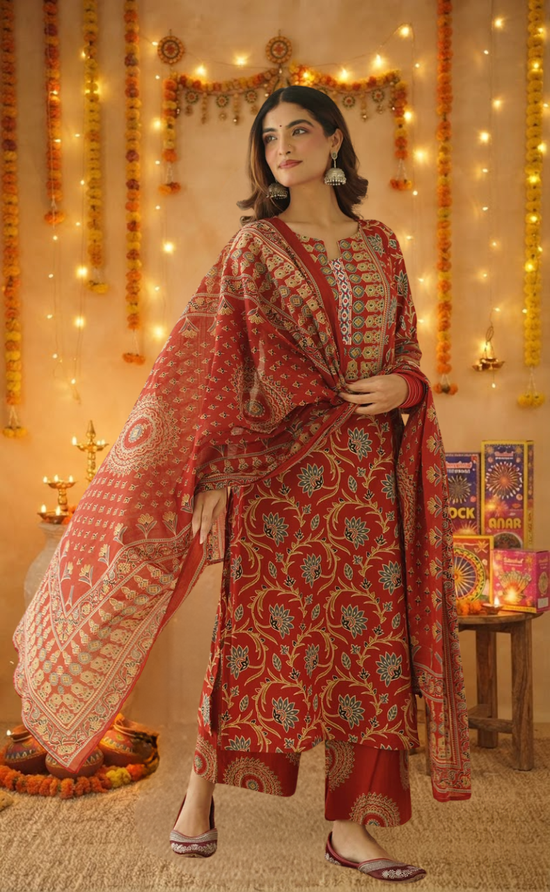Maroon Garden Jaipur Cotton Kurti With Pant And Dupatta Set. Pure Versatile Cotton. | Laces and Frills