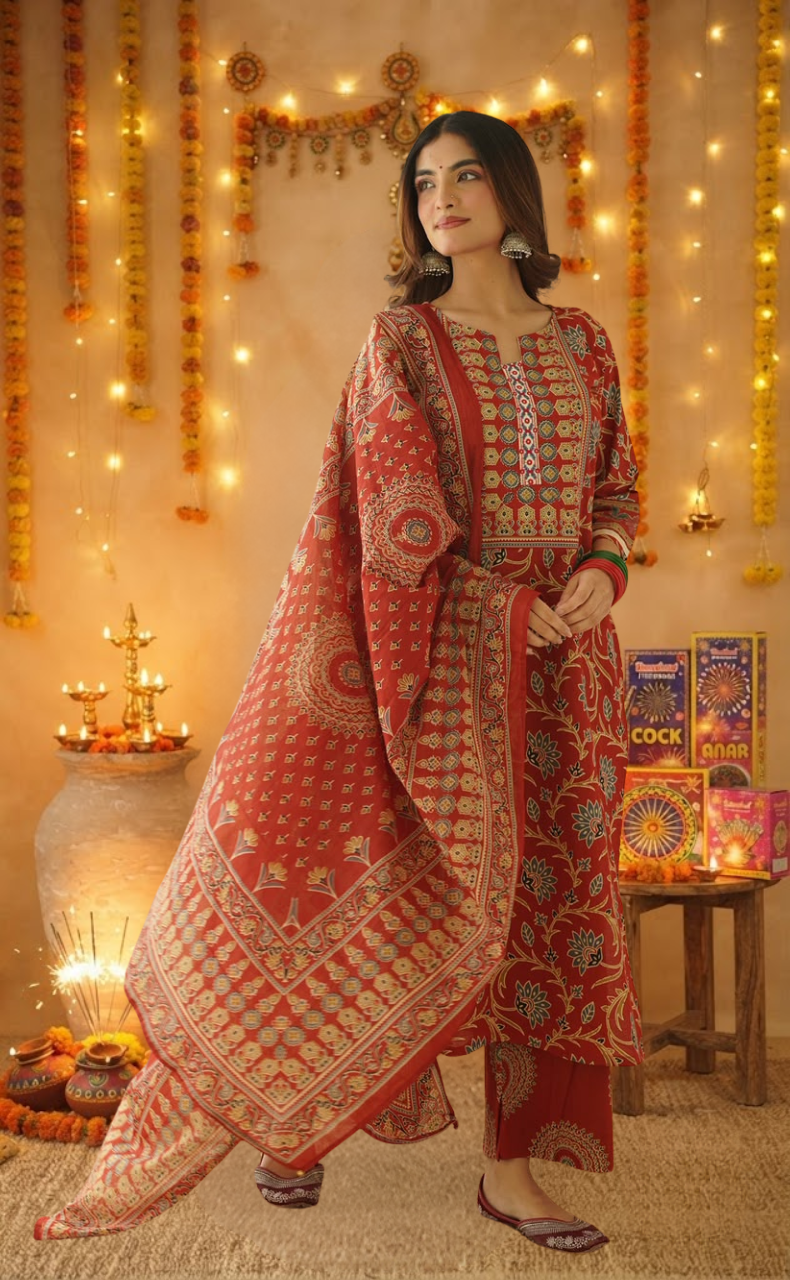 Maroon Garden Jaipur Cotton Kurti With Pant And Dupatta Set. Pure Versatile Cotton. | Laces and Frills