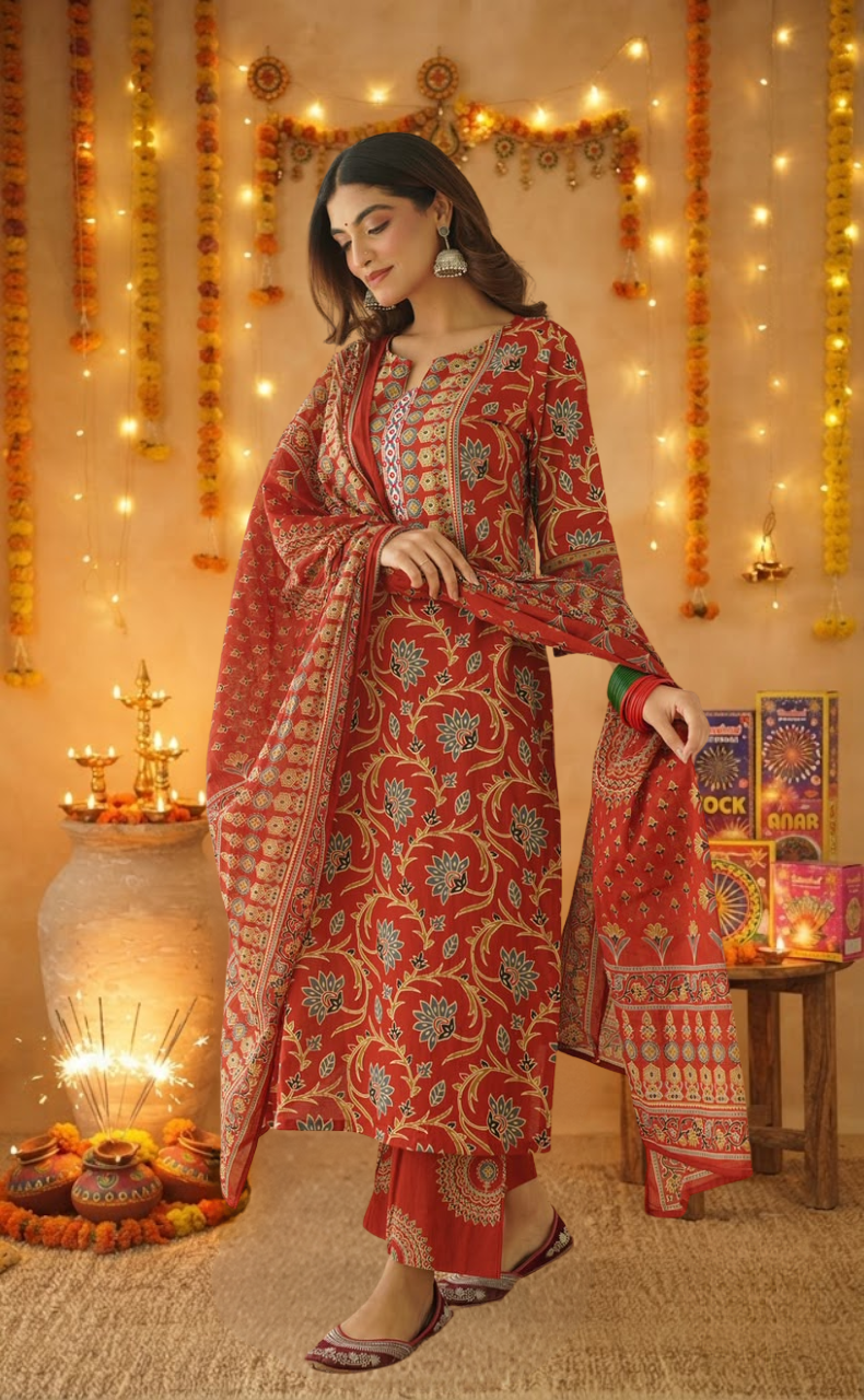 Maroon Garden Jaipur Cotton Kurti With Pant And Dupatta Set. Pure Versatile Cotton. | Laces and Frills