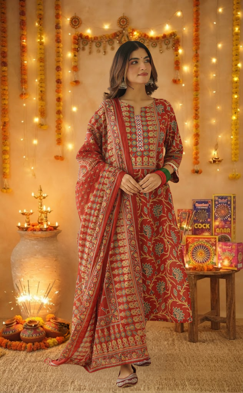 Maroon Garden Jaipur Cotton Kurti With Pant And Dupatta Set. Pure Versatile Cotton. | Laces and Frills