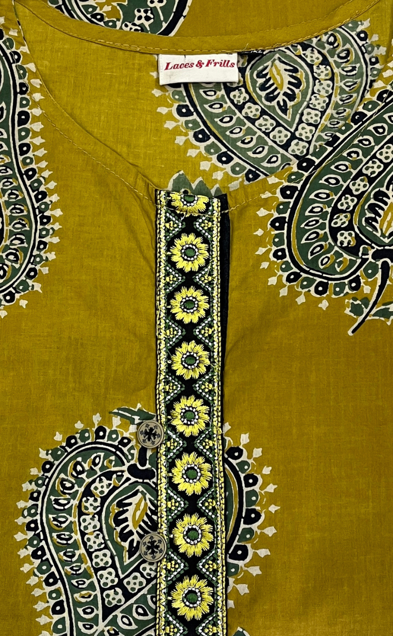 Mustard Leafy Jaipur Cotton Kurti With Pant And Dupatta Set. Pure Versatile Cotton. | Laces and Frills