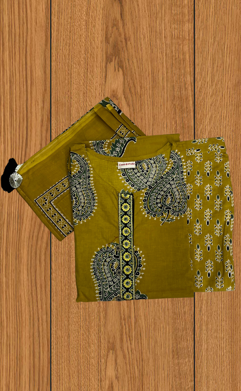 Mustard Leafy Jaipur Cotton Kurti With Pant And Dupatta Set. Pure Versatile Cotton. | Laces and Frills