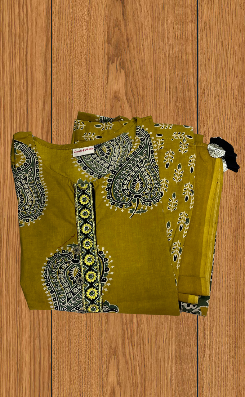 Mustard Leafy Jaipur Cotton Kurti With Pant And Dupatta Set. Pure Versatile Cotton. | Laces and Frills