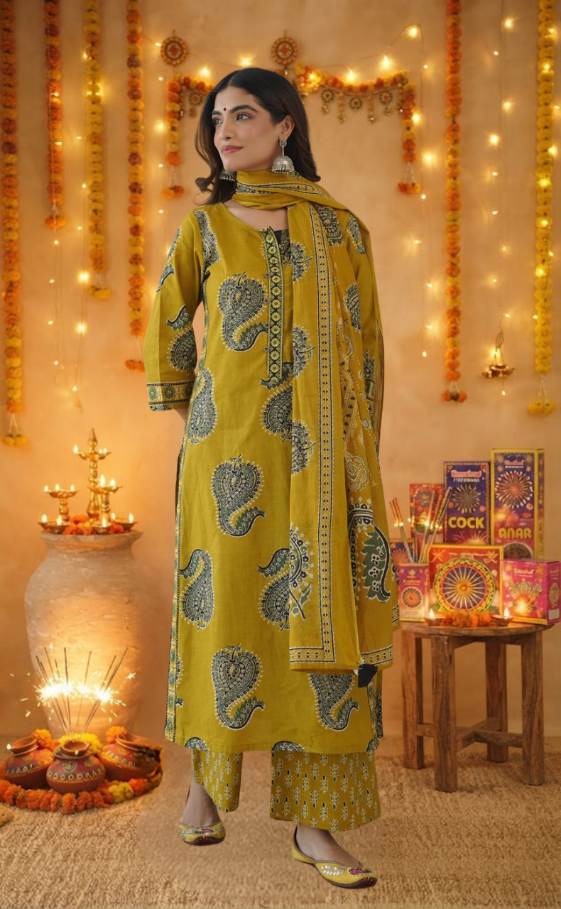 Mustard Leafy Jaipur Cotton Kurti With Pant And Dupatta Set. Pure Versatile Cotton. | Laces and Frills