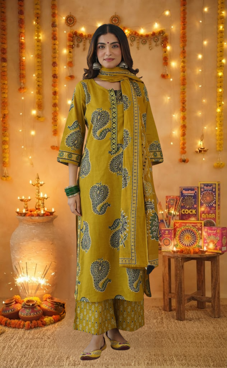 Mustard Leafy Jaipur Cotton Kurti With Pant And Dupatta Set. Pure Versatile Cotton. | Laces and Frills