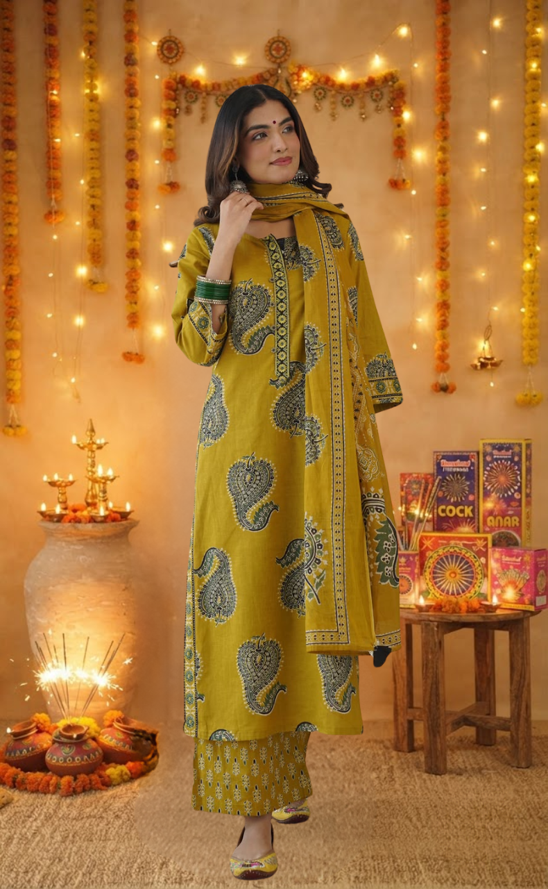 Mustard Leafy Jaipur Cotton Kurti With Pant And Dupatta Set. Pure Versatile Cotton. | Laces and Frills