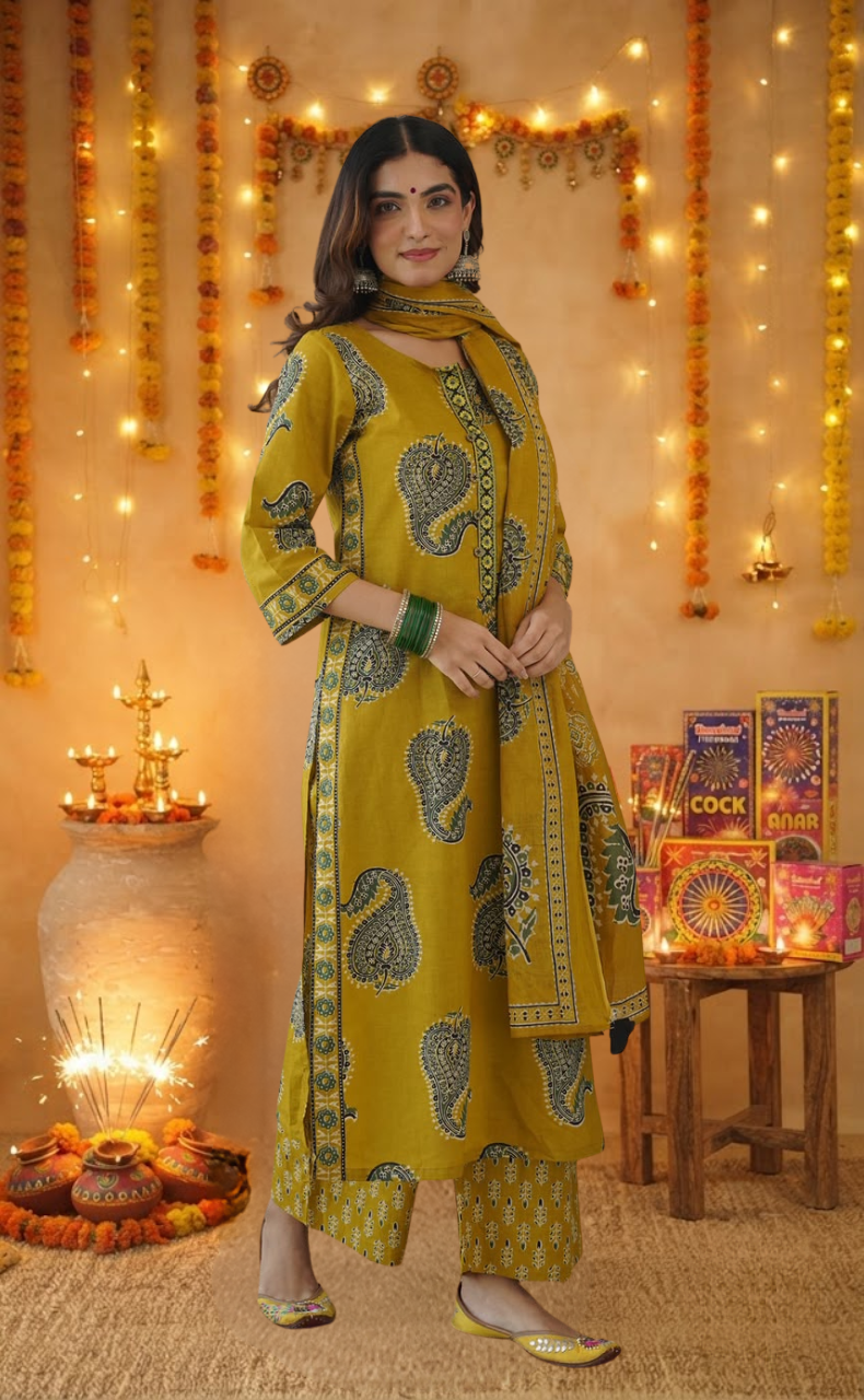 Mustard Leafy Jaipur Cotton Kurti With Pant And Dupatta Set. Pure Versatile Cotton. | Laces and Frills