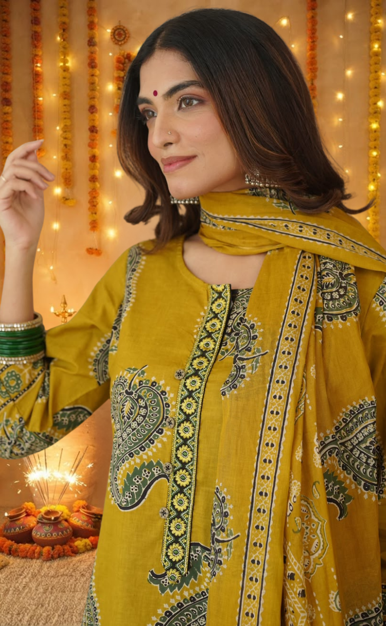 Mustard Leafy Jaipur Cotton Kurti With Pant And Dupatta Set. Pure Versatile Cotton. | Laces and Frills