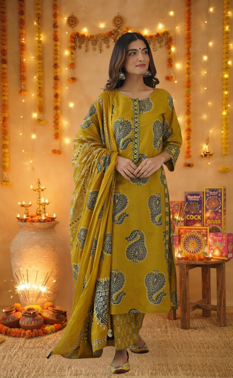 Mustard Leafy Jaipur Cotton Kurti With Pant And Dupatta Set. Pure Versatile Cotton. | Laces and Frills