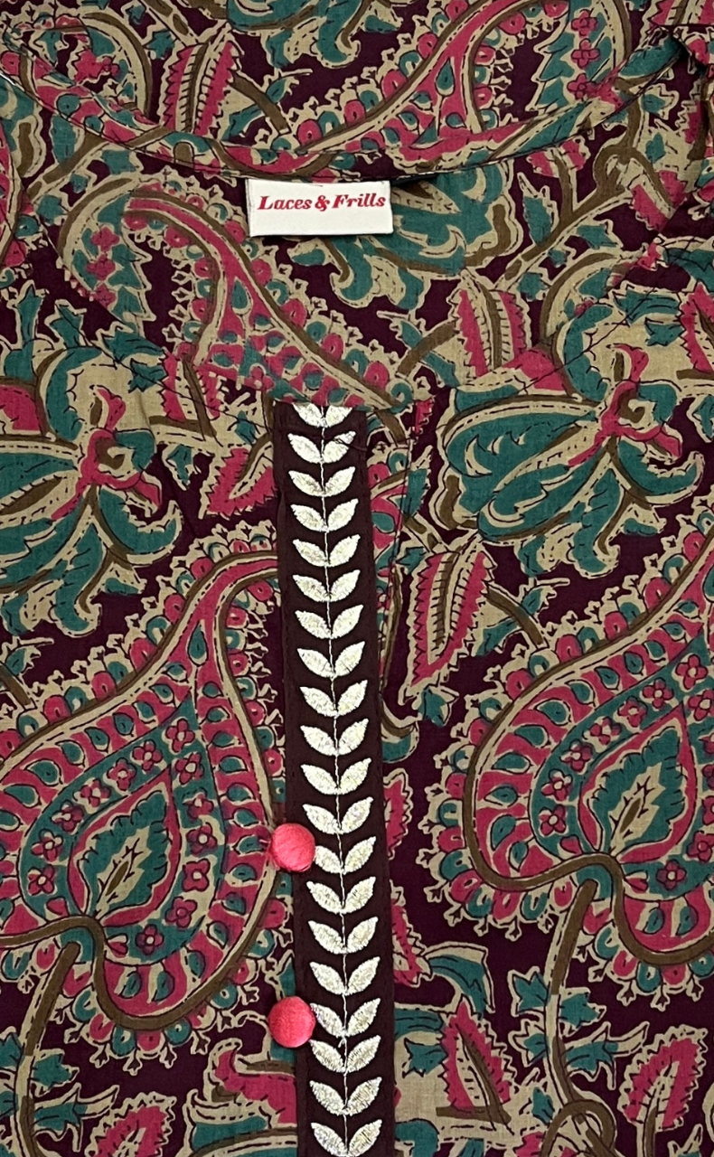 Wine Colour Garden Jaipur Cotton Kurti With Pant And Dupatta Set. Pure Versatile Cotton. | Laces and Frills
