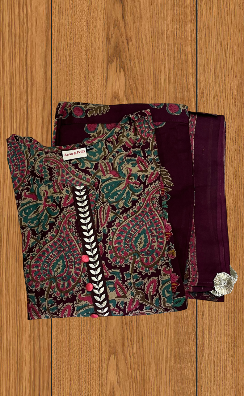 Wine Colour Garden Jaipur Cotton Kurti With Pant And Dupatta Set. Pure Versatile Cotton. | Laces and Frills