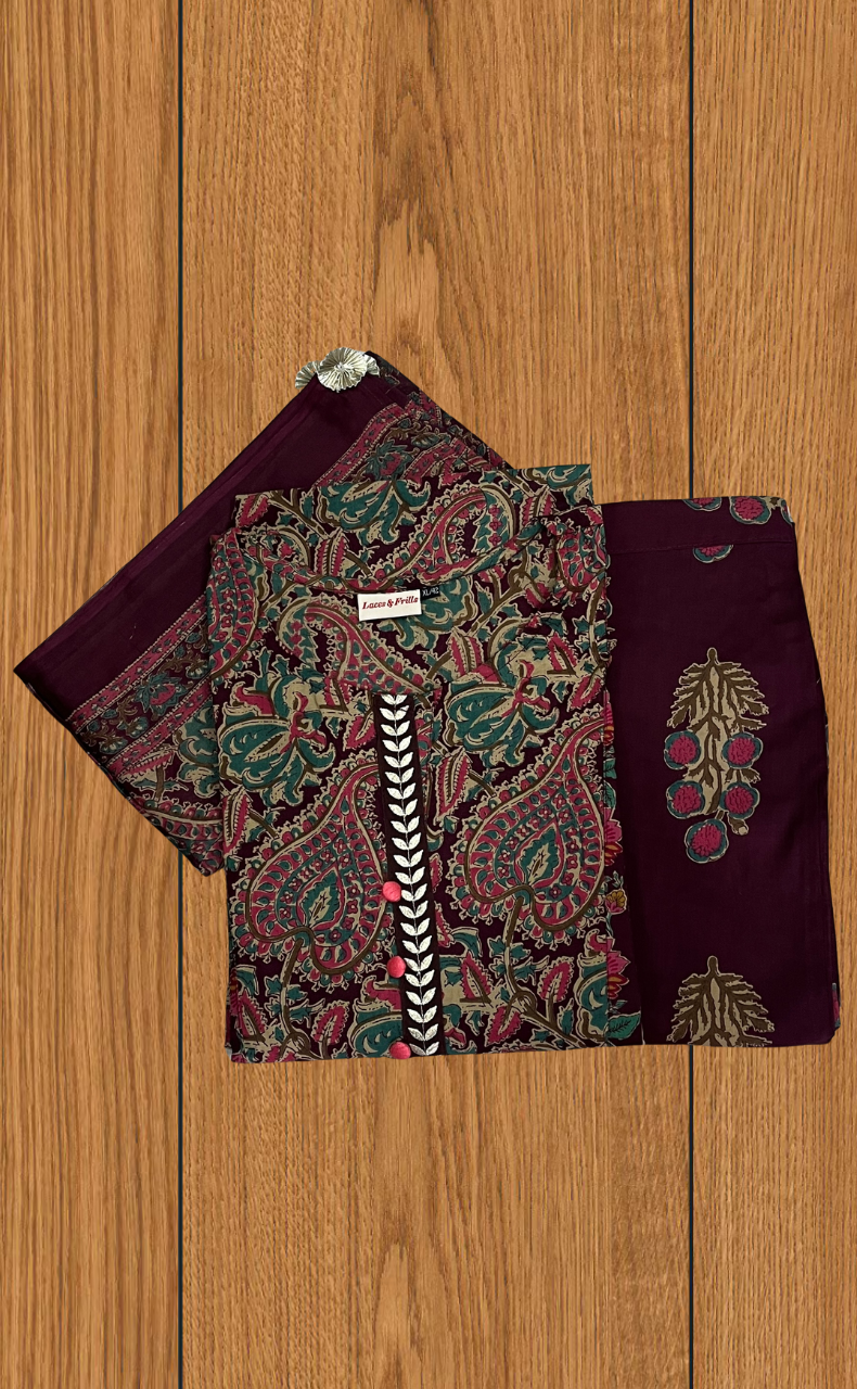 Wine Colour Garden Jaipur Cotton Kurti With Pant And Dupatta Set. Pure Versatile Cotton. | Laces and Frills