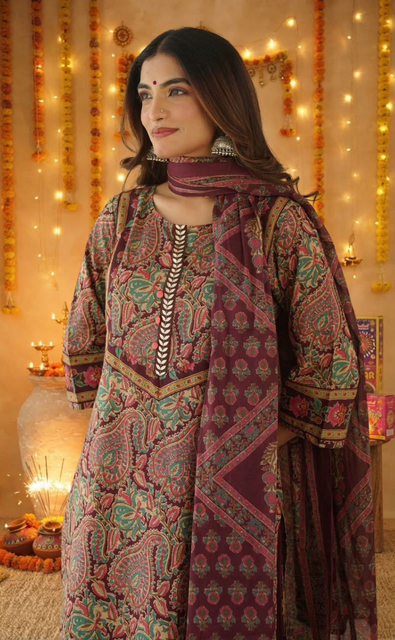 Wine Colour Garden Jaipur Cotton Kurti With Pant And Dupatta Set. Pure Versatile Cotton. | Laces and Frills