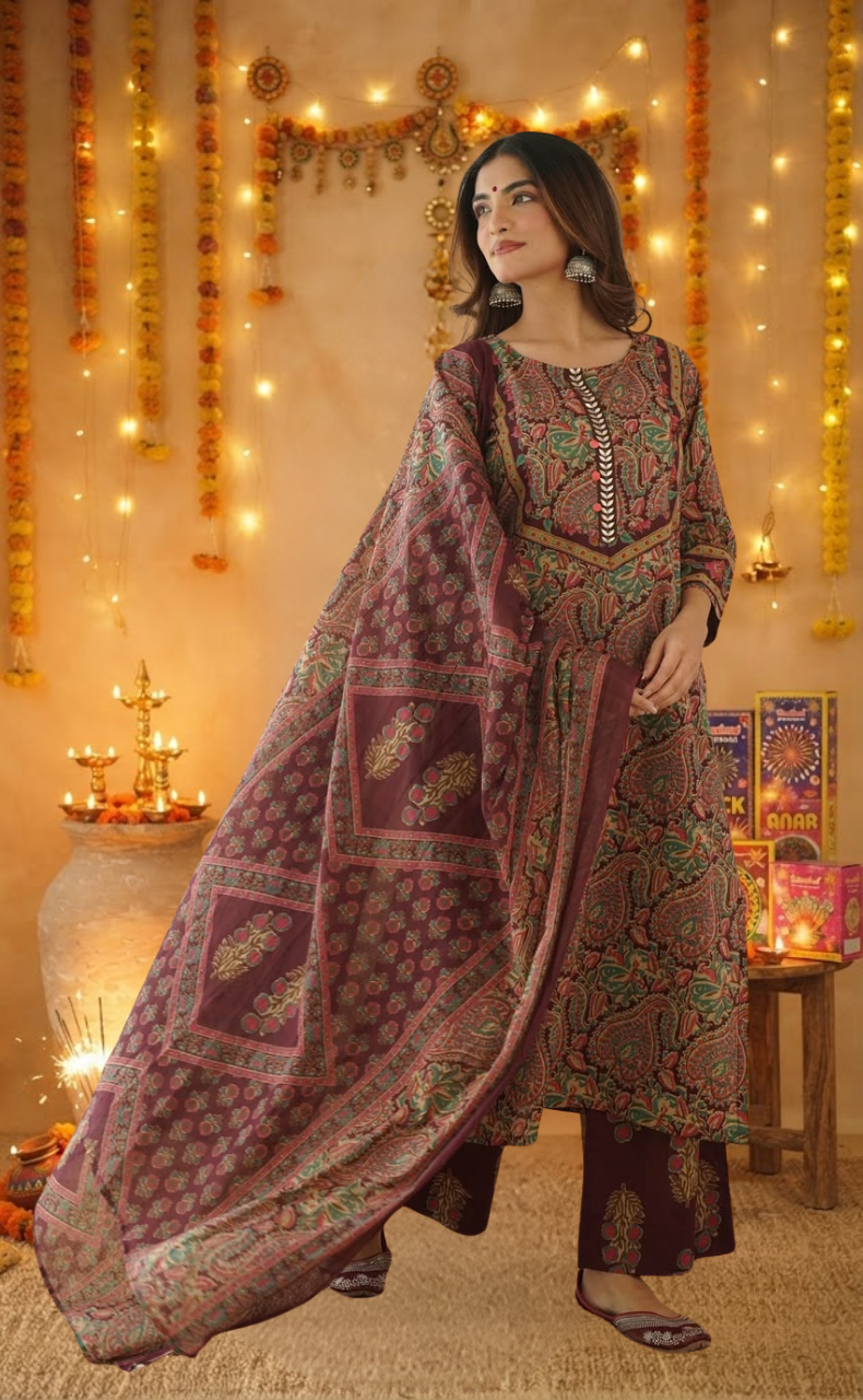 Wine Colour Garden Jaipur Cotton Kurti With Pant And Dupatta Set. Pure Versatile Cotton. | Laces and Frills