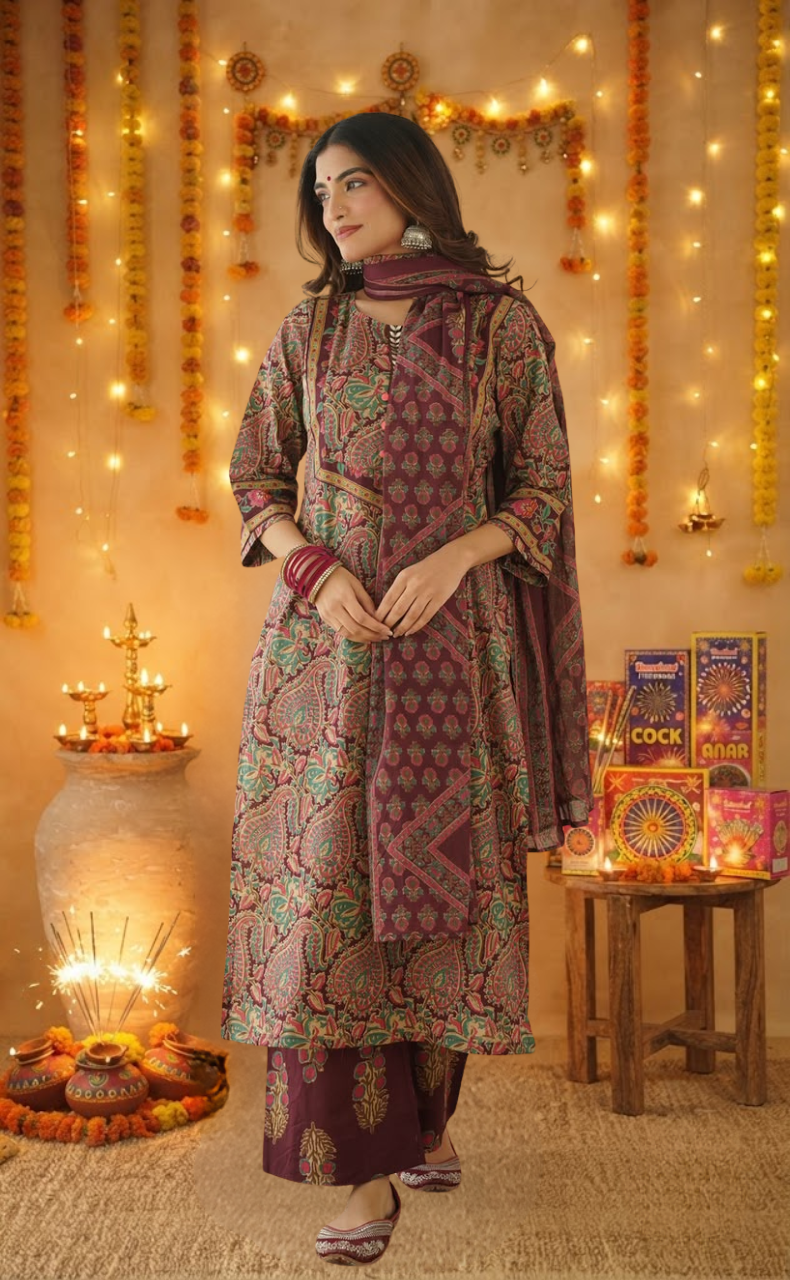 Wine Colour Garden Jaipur Cotton Kurti With Pant And Dupatta Set. Pure Versatile Cotton. | Laces and Frills