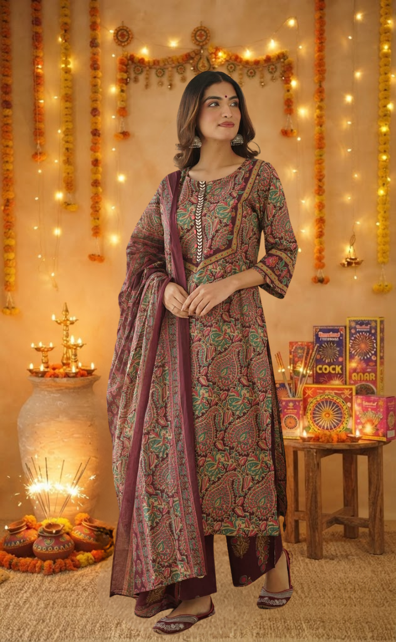 Wine Colour Garden Jaipur Cotton Kurti With Pant And Dupatta Set. Pure Versatile Cotton. | Laces and Frills