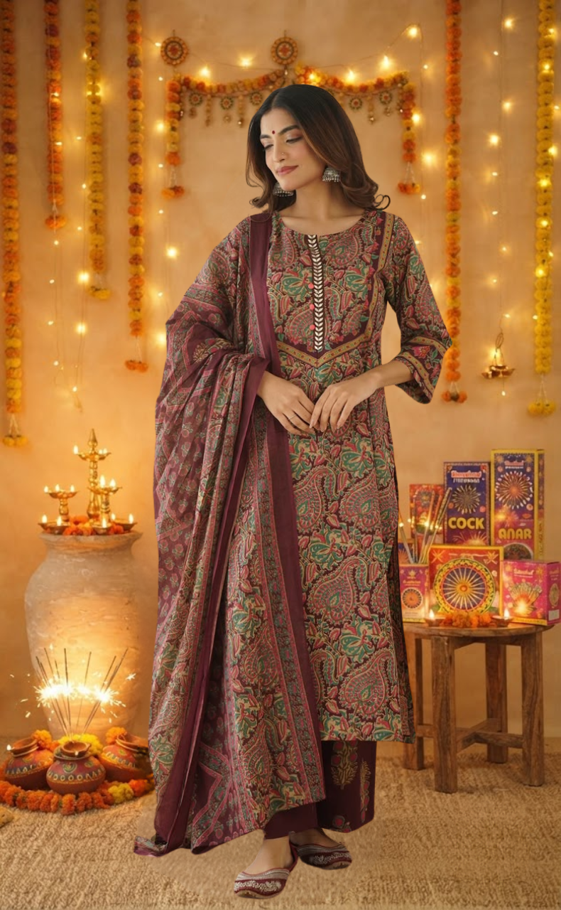 Wine Colour Garden Jaipur Cotton Kurti With Pant And Dupatta Set. Pure Versatile Cotton. | Laces and Frills