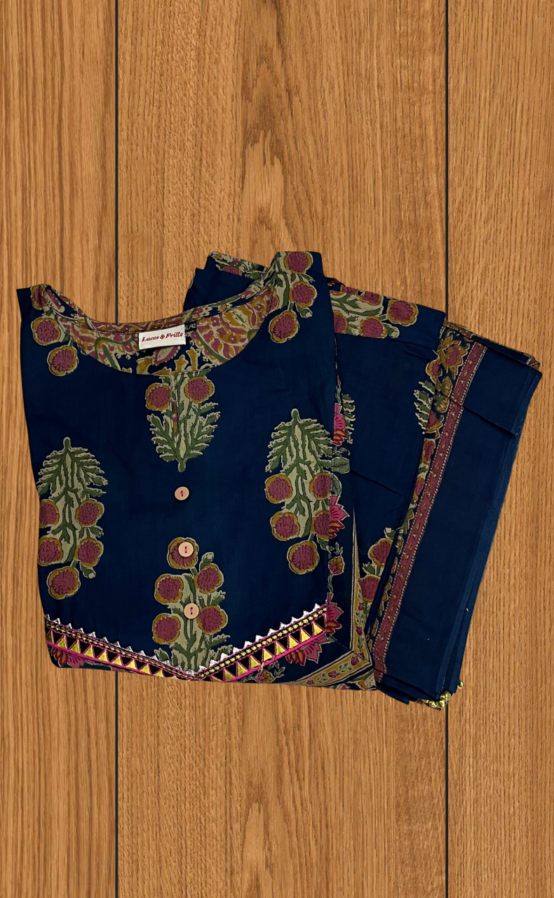 Indigo Blue Garden Jaipur Cotton Kurti With Pant And Dupatta Set. Pure Versatile Cotton. | Laces and Frills