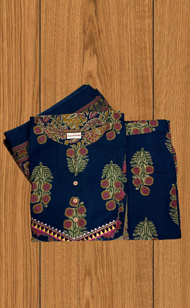 Indigo Blue Garden Jaipur Cotton Kurti With Pant And Dupatta Set. Pure Versatile Cotton. | Laces and Frills