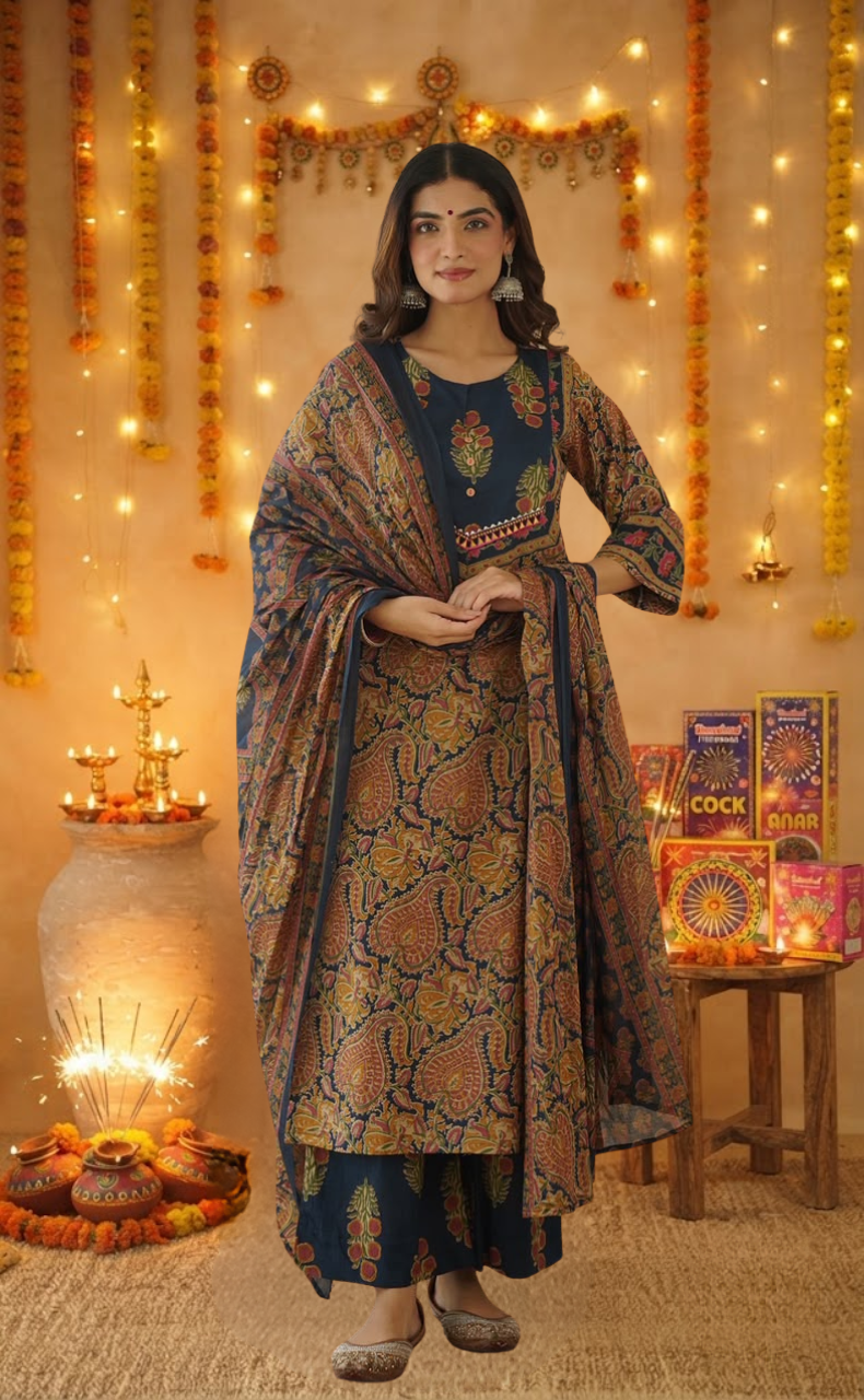 Indigo Blue Garden Jaipur Cotton Kurti With Pant And Dupatta Set. Pure Versatile Cotton. | Laces and Frills