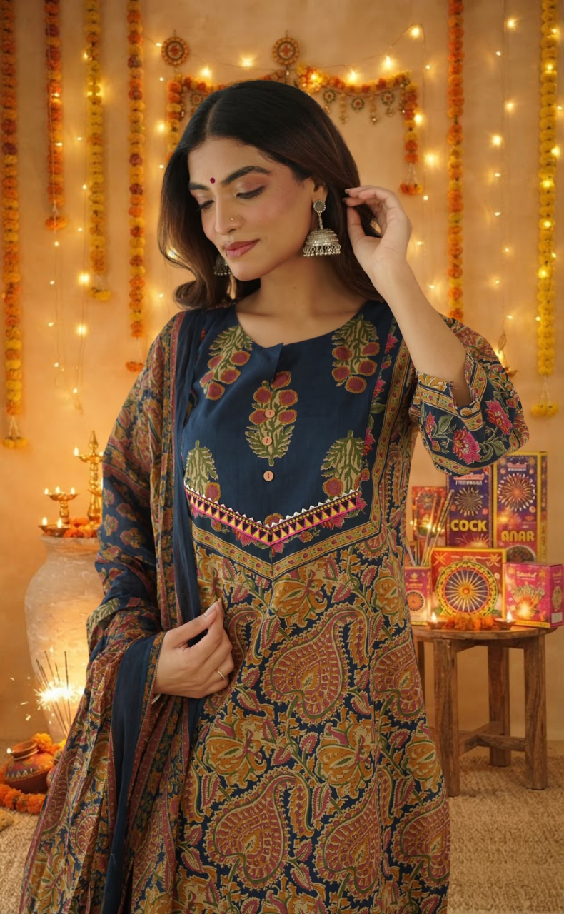 Indigo Blue Garden Jaipur Cotton Kurti With Pant And Dupatta Set. Pure Versatile Cotton. | Laces and Frills