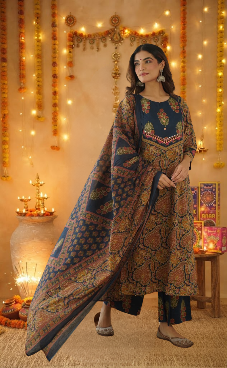 Indigo Blue Garden Jaipur Cotton Kurti With Pant And Dupatta Set. Pure Versatile Cotton. | Laces and Frills