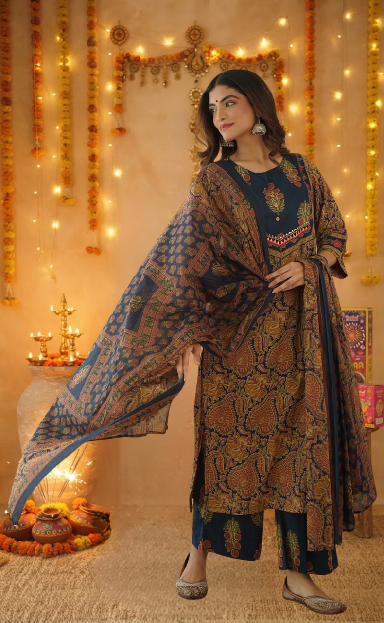 Indigo Blue Garden Jaipur Cotton Kurti With Pant And Dupatta Set. Pure Versatile Cotton. | Laces and Frills