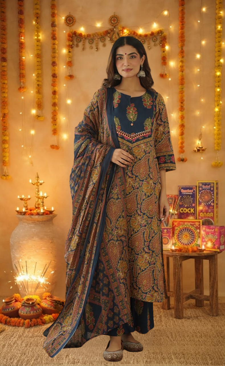 Indigo Blue Garden Jaipur Cotton Kurti With Pant And Dupatta Set. Pure Versatile Cotton. | Laces and Frills