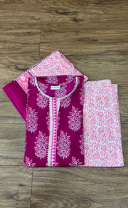 Pink Mughal Motif Kurti With Pant And Dupatta Set .Pure Versatile Cotton. | Laces and Frills - Laces and Frills