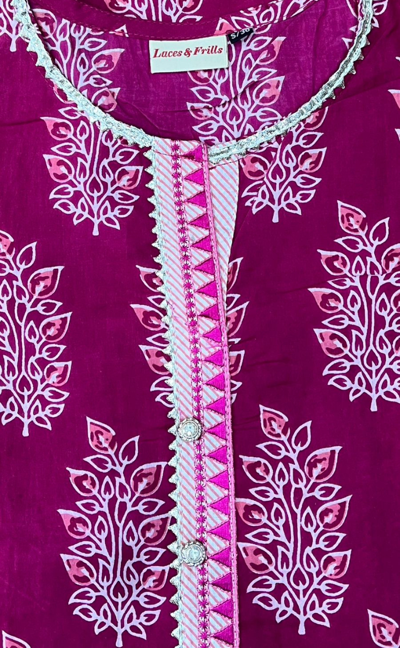 Pink Mughal Motif Kurti With Pant And Dupatta Set .Pure Versatile Cotton. | Laces and Frills - Laces and Frills