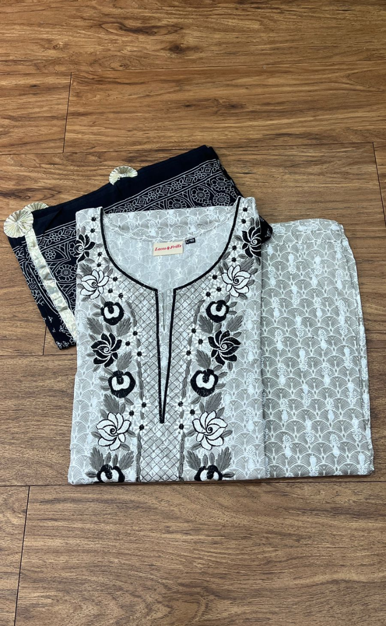Grey Embroidery Kurti With Pant And Dupatta Set.Pure Versatile Cotton. | Laces and Frills - Laces and Frills