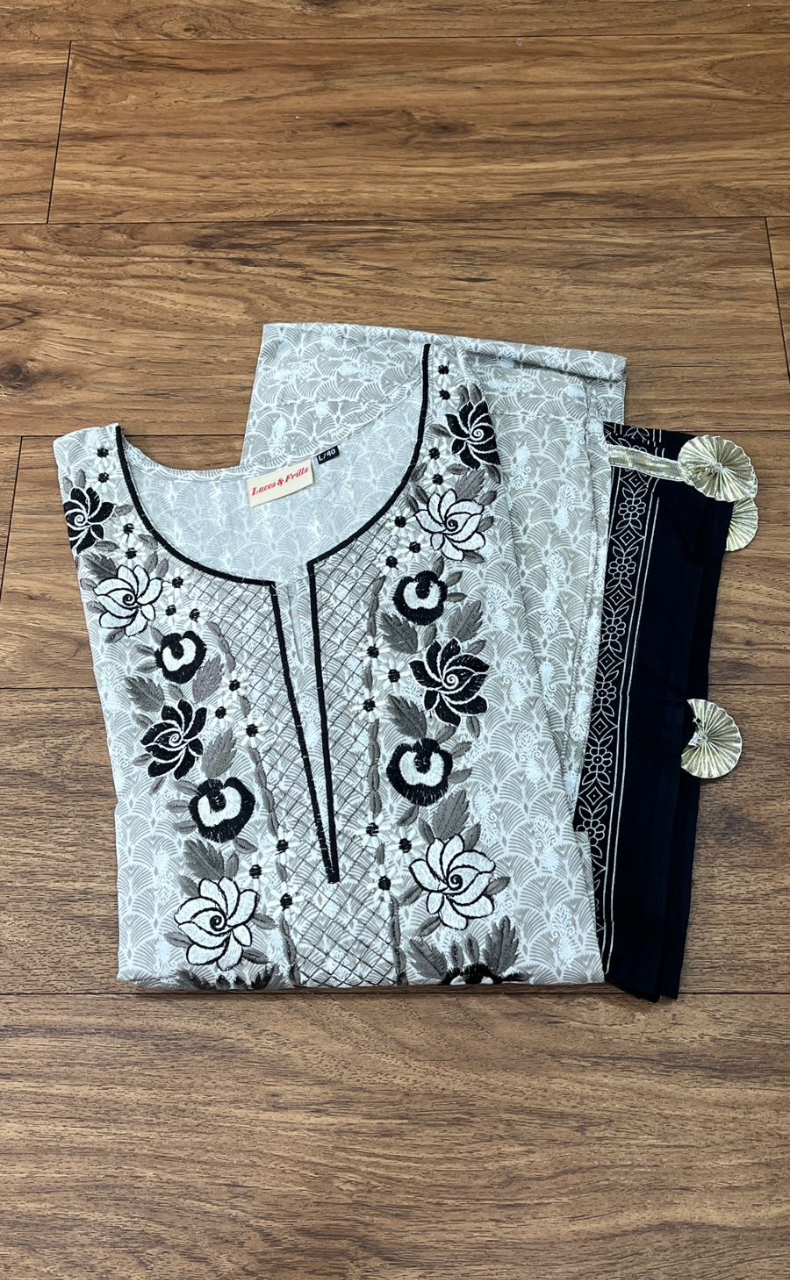 Grey Embroidery Kurti With Pant And Dupatta Set.Pure Versatile Cotton. | Laces and Frills - Laces and Frills