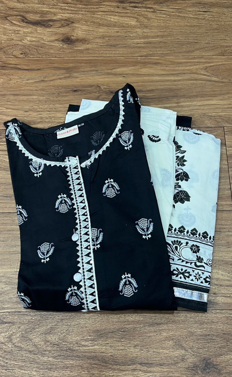 Black Motif Kurti With Pant And Dupatta Set  .Pure Versatile Cotton. | Laces and Frills - Laces and Frills