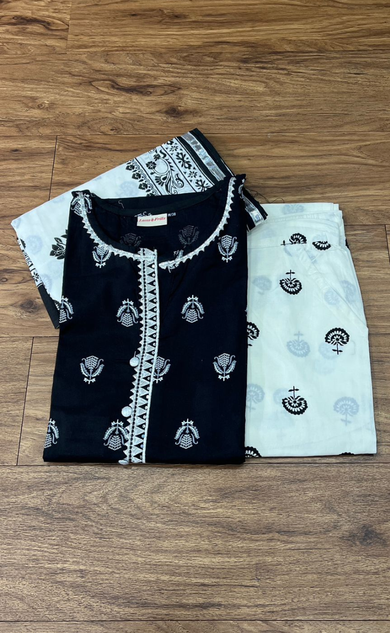 Black Motif Kurti With Pant And Dupatta Set  .Pure Versatile Cotton. | Laces and Frills - Laces and Frills