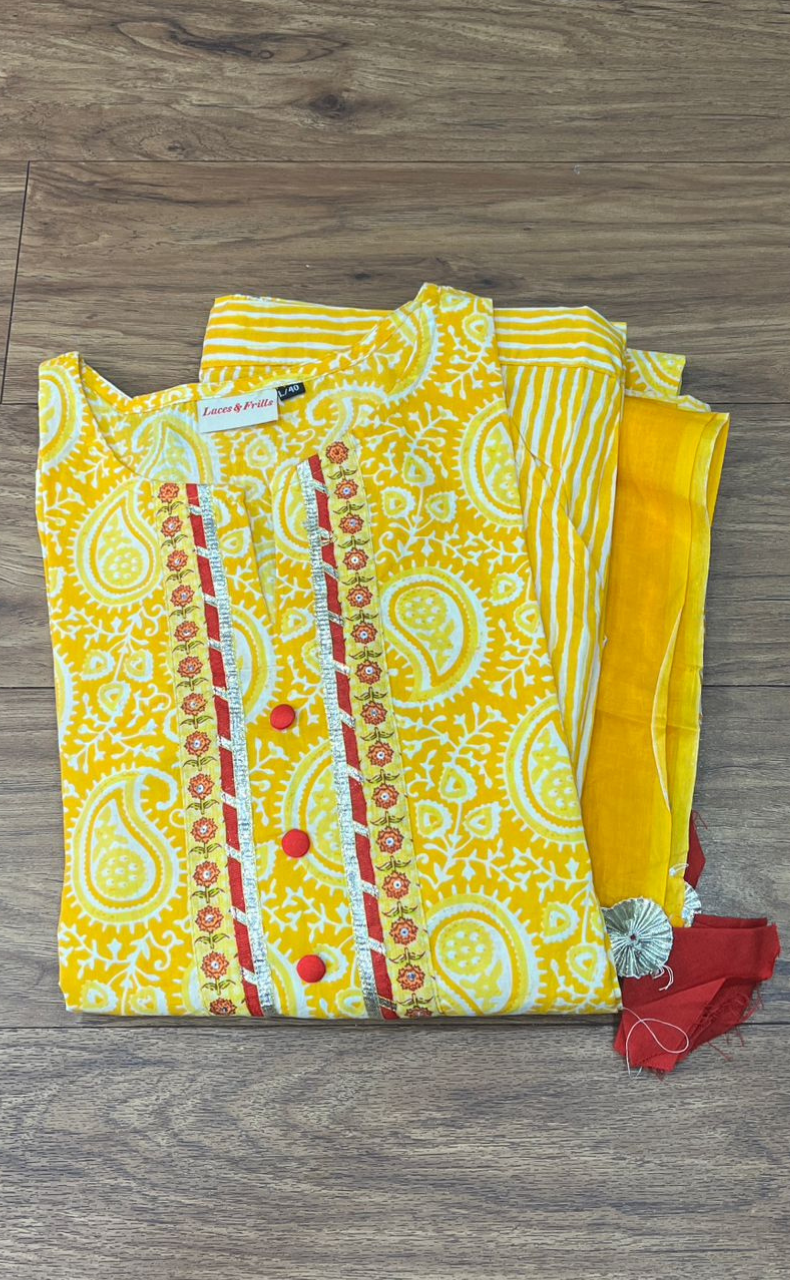 Yellow Motif Kurti With Pant And Dupatta Set  .Pure Versatile Cotton. | Laces and Frills - Laces and Frills