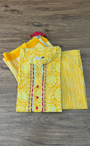 Yellow Motif Kurti With Pant And Dupatta Set  .Pure Versatile Cotton. | Laces and Frills - Laces and Frills