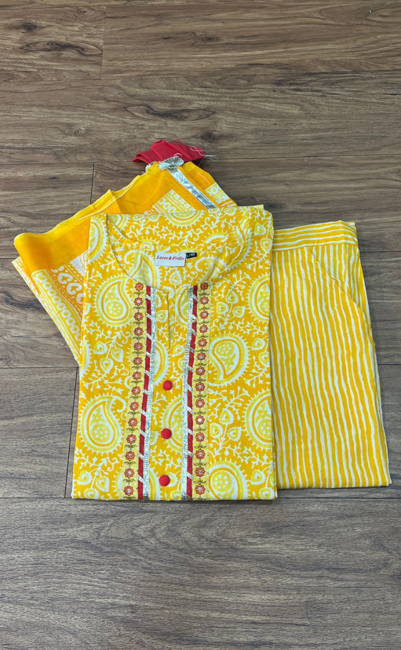 Yellow Motif Kurti With Pant And Dupatta Set  .Pure Versatile Cotton. | Laces and Frills - Laces and Frills