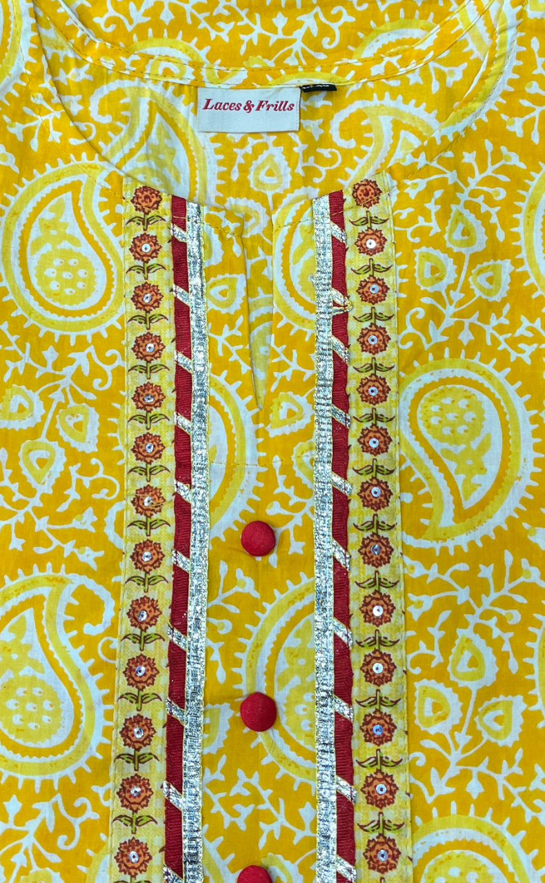 Yellow Motif Kurti With Pant And Dupatta Set  .Pure Versatile Cotton. | Laces and Frills - Laces and Frills