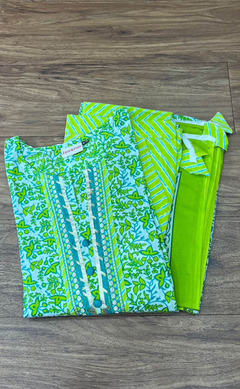 Green Garden Kurti With Pant And Dupatta Set  .Pure Versatile Cotton. | Laces and Frills - Laces and Frills