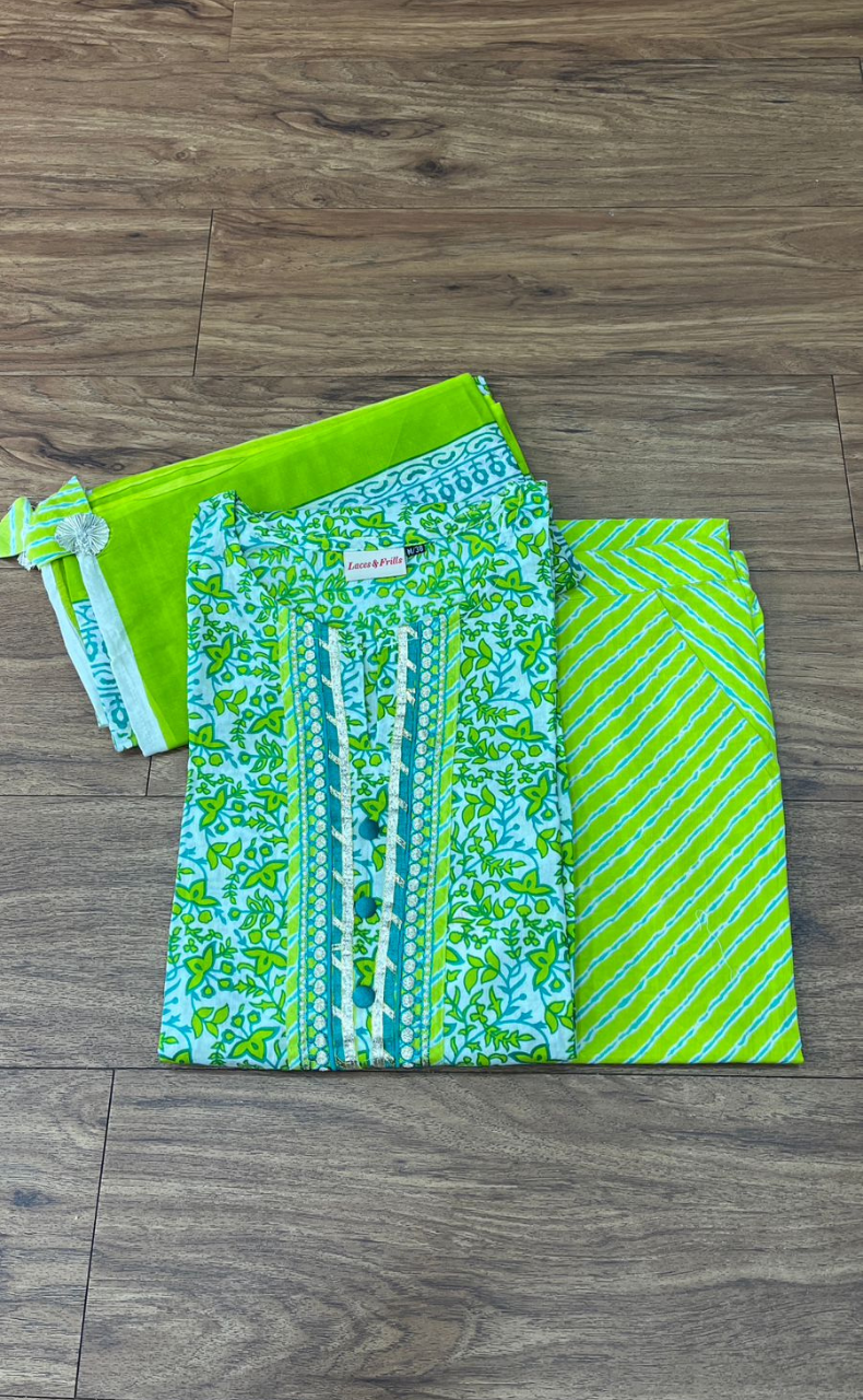 Green Garden Kurti With Pant And Dupatta Set  .Pure Versatile Cotton. | Laces and Frills - Laces and Frills