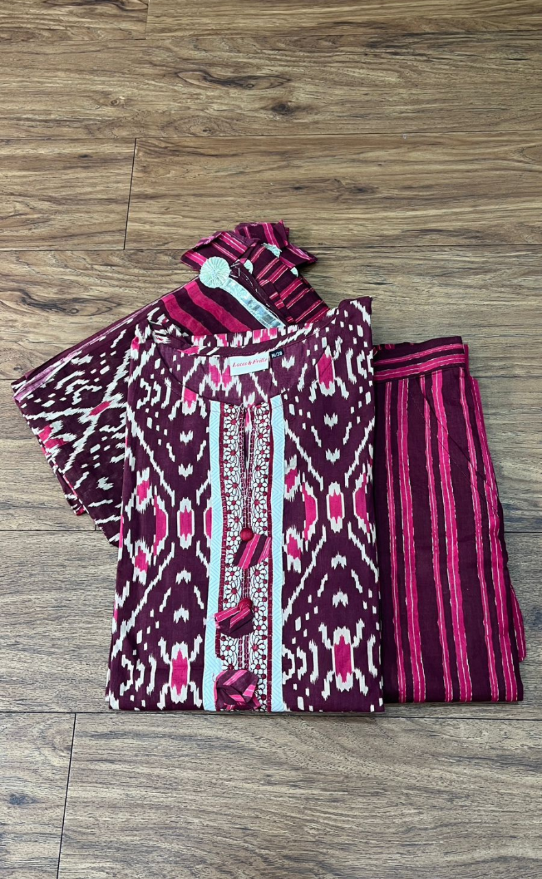 Dark Maroon Ikkat Kurti With Pant And Dupatta Set  .Pure Versatile Cotton. | Laces and Frills - Laces and Frills