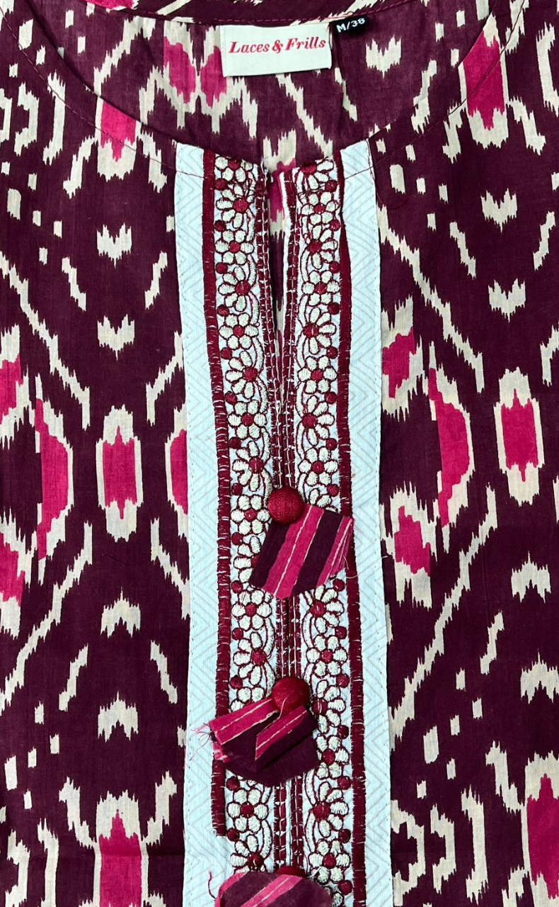 Dark Maroon Ikkat Kurti With Pant And Dupatta Set  .Pure Versatile Cotton. | Laces and Frills - Laces and Frills