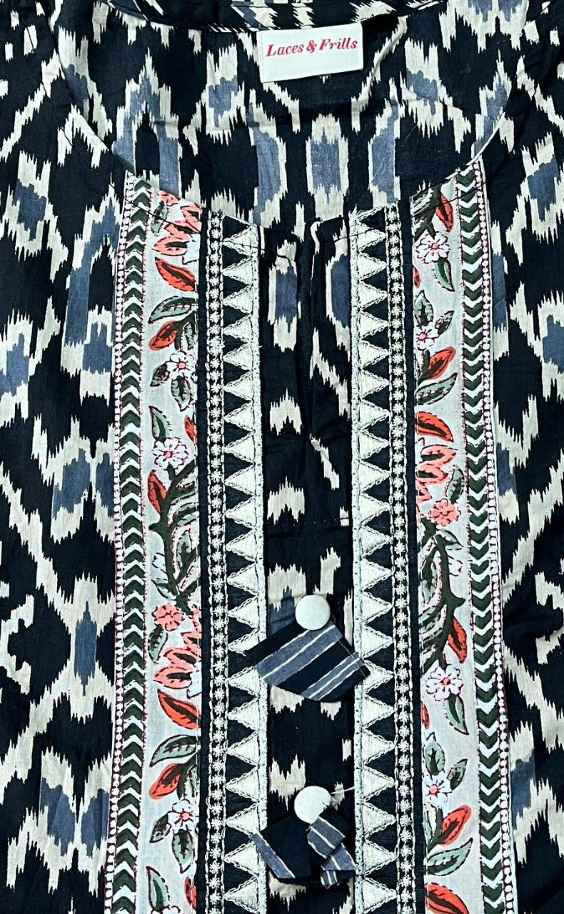 Black Ikkat Jaipur Cotton Kurti With Pant And Mul Mul Dupatta Set  .Pure Versatile Cotton. | Laces and Frills - Laces and Frills